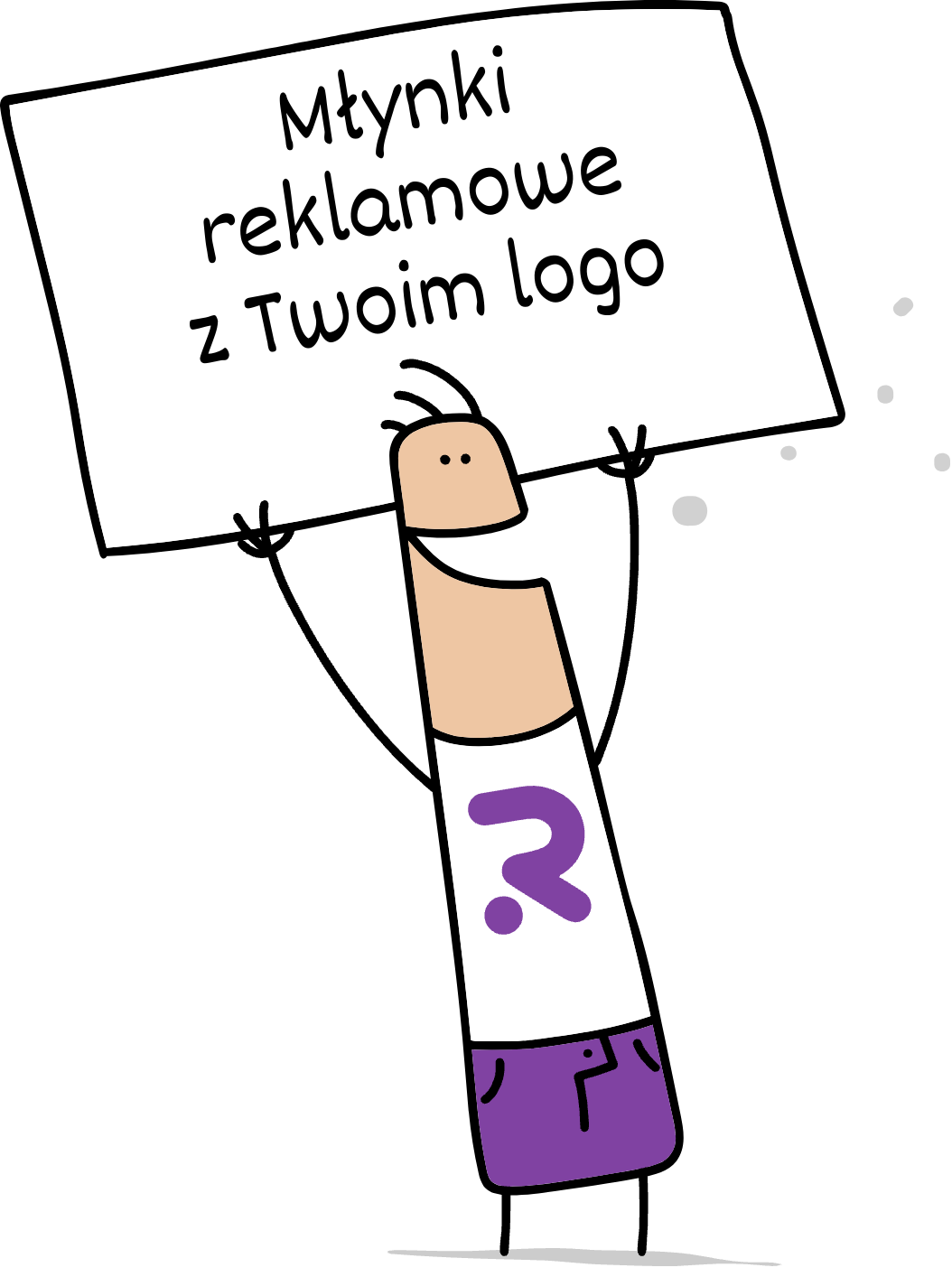 Buddy trzymający napis mlynki reklamowe z Twoim logo